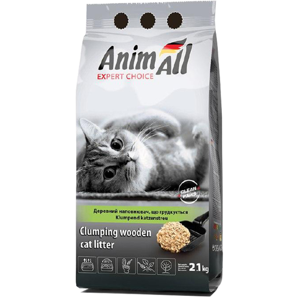 Деревний наповнювач AnimAll, що комкується, для котів, 2.1 кг Деревний наповнювач AnimAll, що комкується, для котів, 2.1 кг