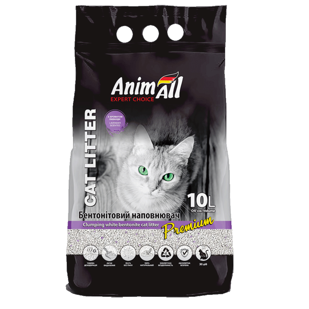 Бентонітовий наповнювач AnimAll Premium Lavender з ароматом лаванди, для котів, 10 л