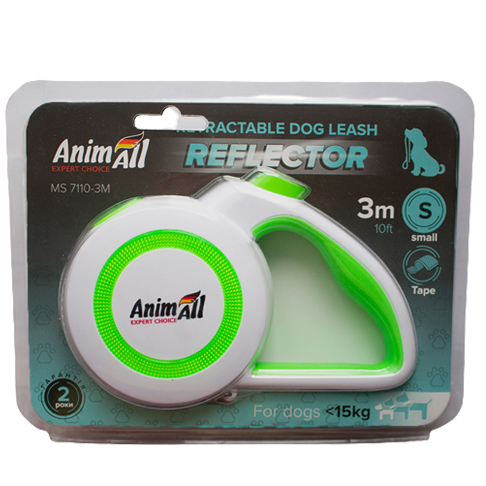 Повідець-рулетка AnimAll Reflector для собак вагою до 15 кг, 3 м, салатово-біла