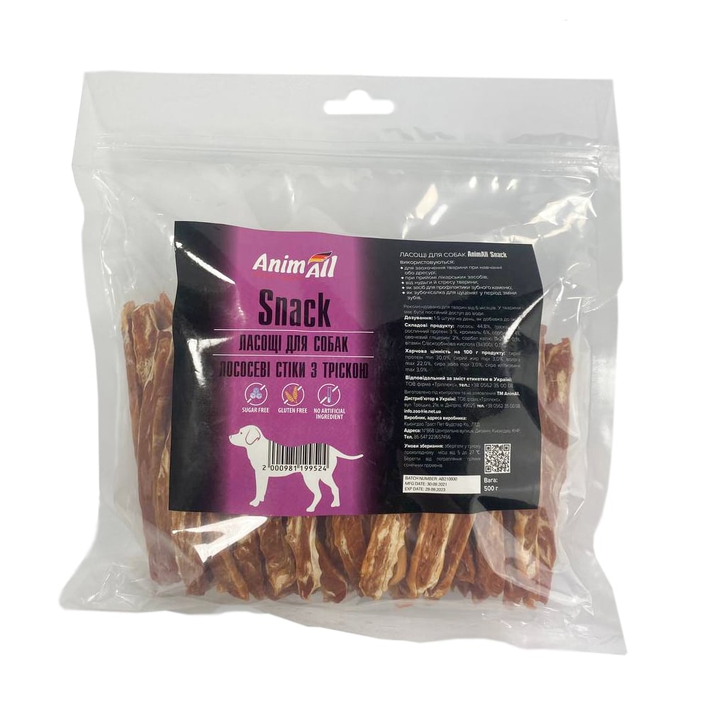 Ласощі AnimAll Snack лососеві стіки з тріскою, для собак, 500 г