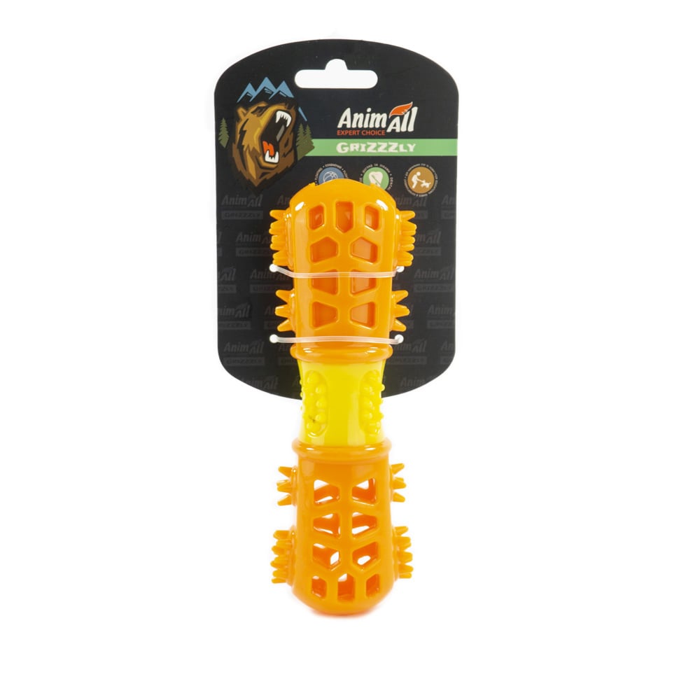 Іграшка AnimAll GrizZzly мультифункціональна кісточка, для собак, 18.7×6×4.2 см, оранжево-жовта