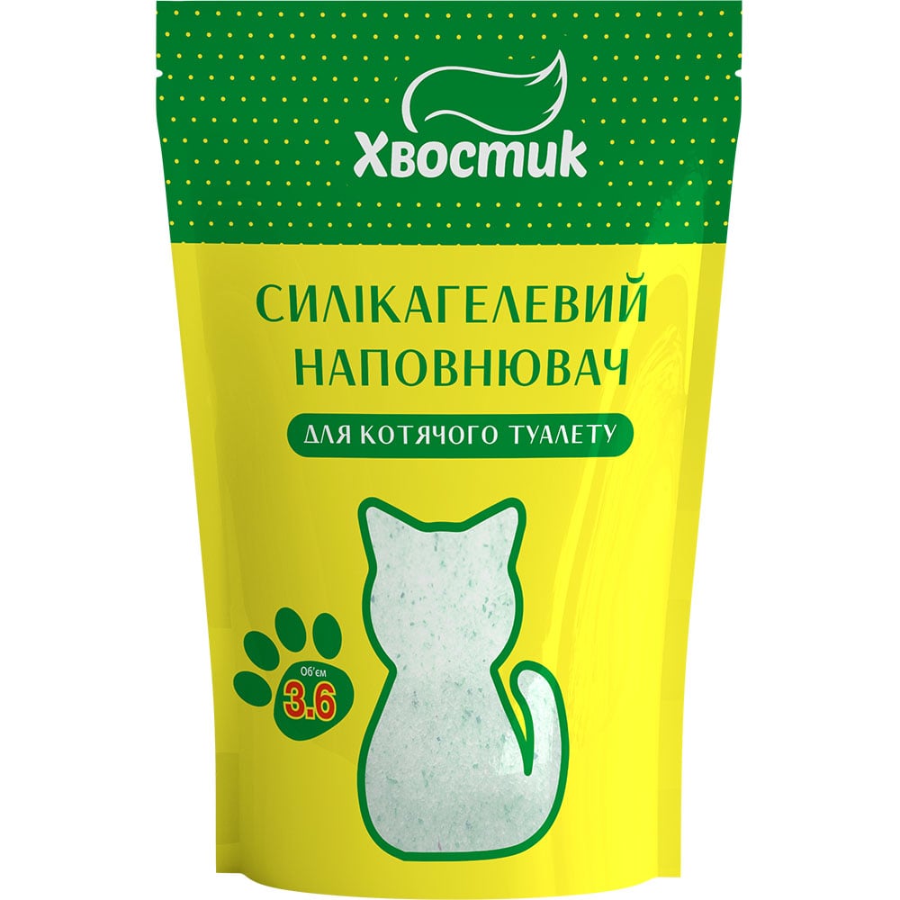 Силікагель наповнювач Хвостик для котів, із зеленими гранулами, дрібна фракція, 3.6 л Силікагель наповнювач Хвостик для котів, із зеленими гранулами, дрібна фракція, 3.6 л