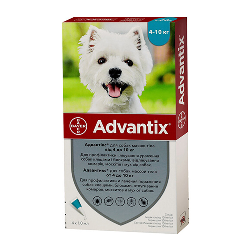 Капли от блох и клещей Bayer Advantix для собак весом 4-10 кг