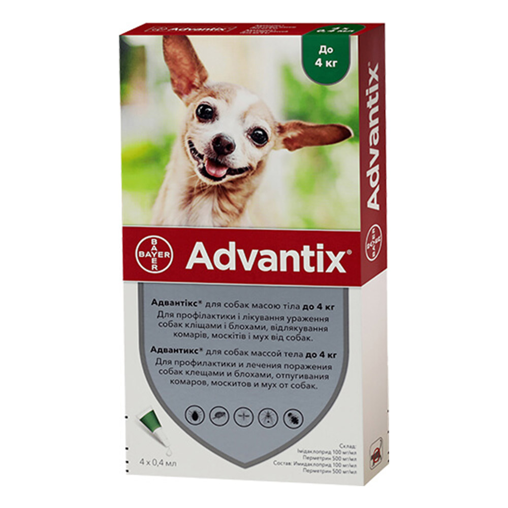 Капли от блох и клещей Bayer Advantix для собак весом до 4 кг Капли от блох и клещей Bayer Advantix для собак весом до 4 кг