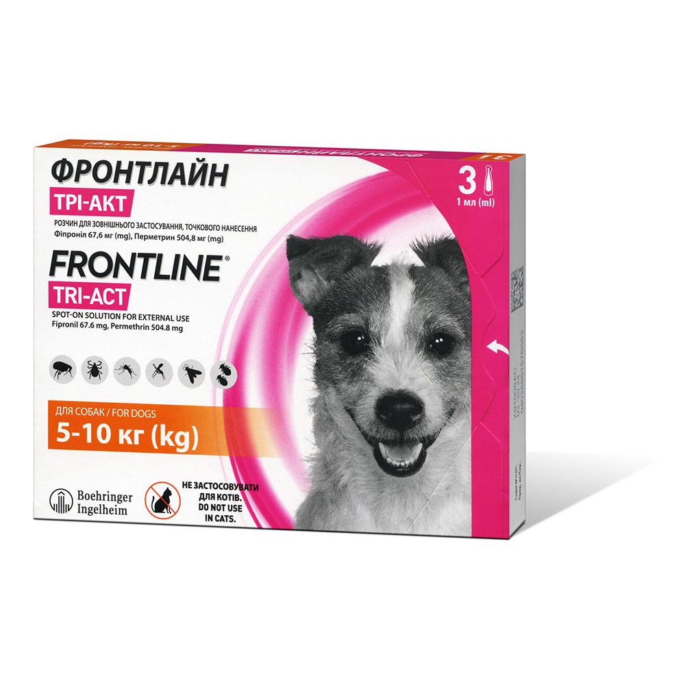 Boehringer Ingelheim Frontline TRI-ACT капли от блох, клещей, комаров, москитов, мух для собак, S, 5-10 кг, 3 пипетки Boehringer Ingelheim Frontline TRI-ACT капли от блох, клещей, комаров, москитов, мух для собак, S, 5-10 кг, 3 пипетки