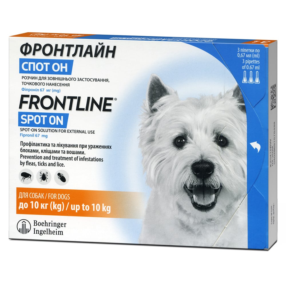 Капли Boehringer Ingelheim Фронтлайн Спот Он от блох и клещей для собак, S, 2-10 кг, цена за 1 пипетку